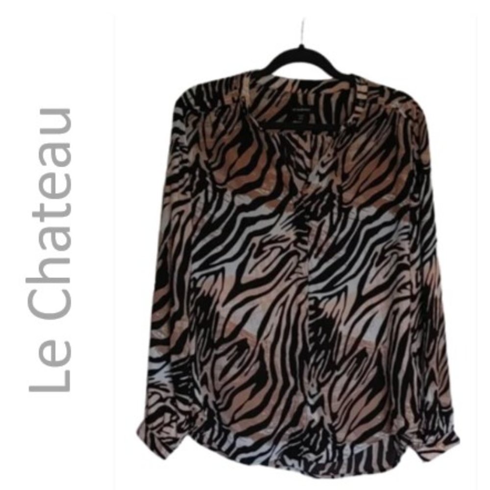 Le Chateau brown beige animal print long sleeves blouse top shirt Medium